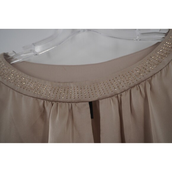 White House Black Market Beige Embellished Long Sleeve Keyhole silk Blouse Sz 6 - Picture 3 of 12